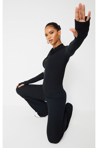 Black Thumbhole Zip Detail Rib Jumpsuit
