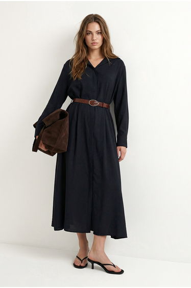 Black Leather Belted Midi Woven Dress