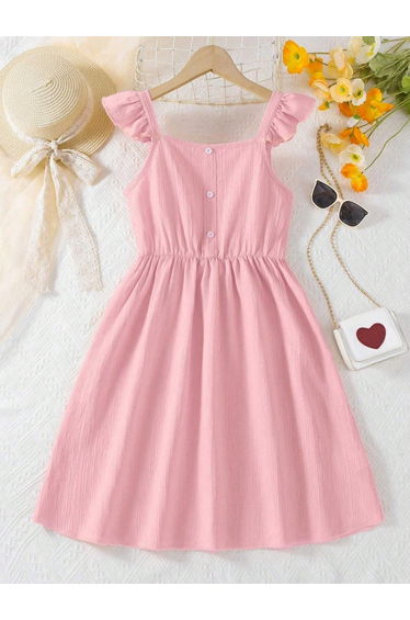 Girls Pink Ruffled Sleeve Buttoned Dress
