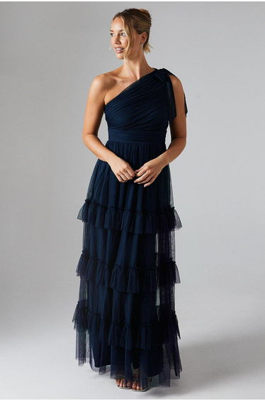 Pleated Mesh One Shoulder Tiered Bridesmaids Dress