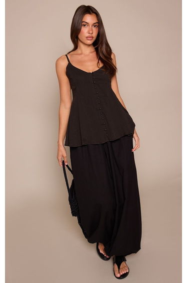 Black Cheesecloth Strappy Button Detail Cami Top