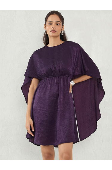 Deep Purple Satin Cape Sleeve Mini Dress