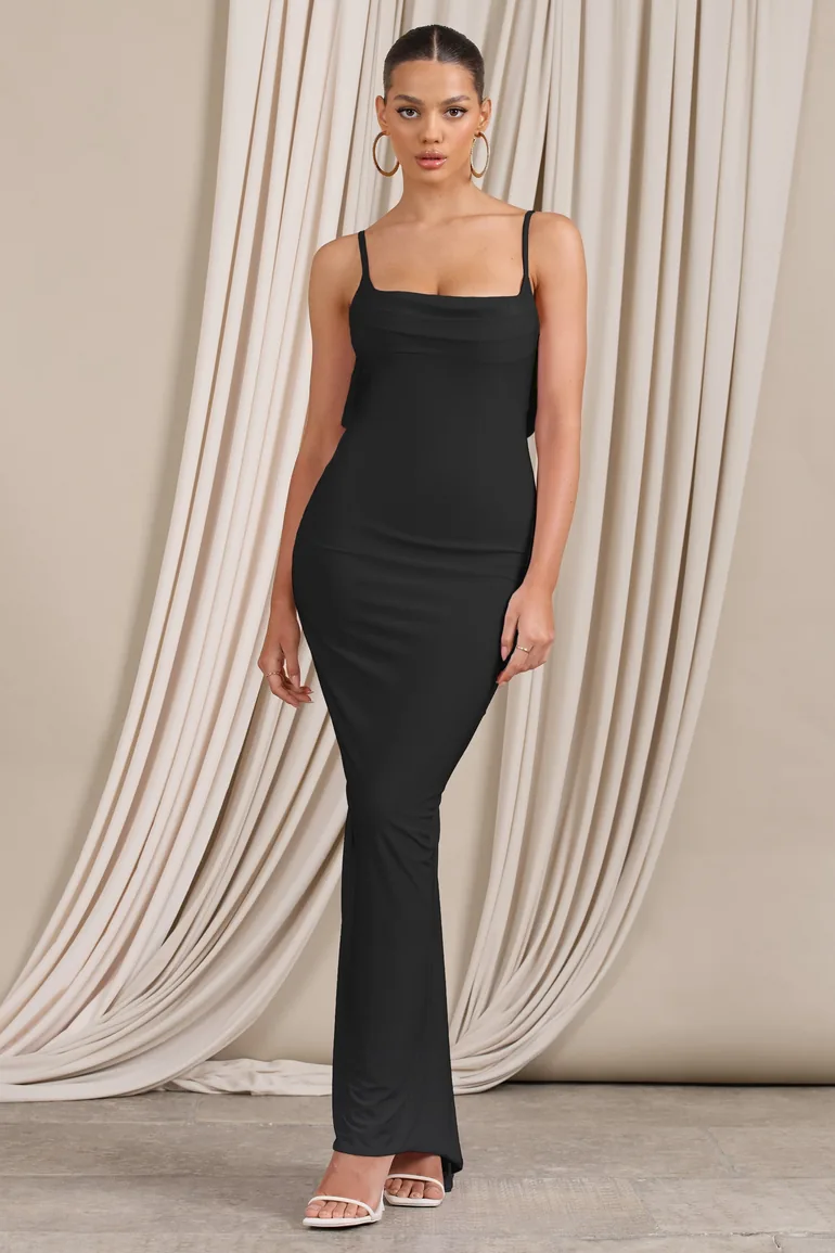 Shop Flute | Black Bodycon Maxi Dress With Ruched Ruffled Back Online in Qatar Shop Flute | Black Bodycon Maxi Dress With Ruched Ruffled Back Online in Qatar