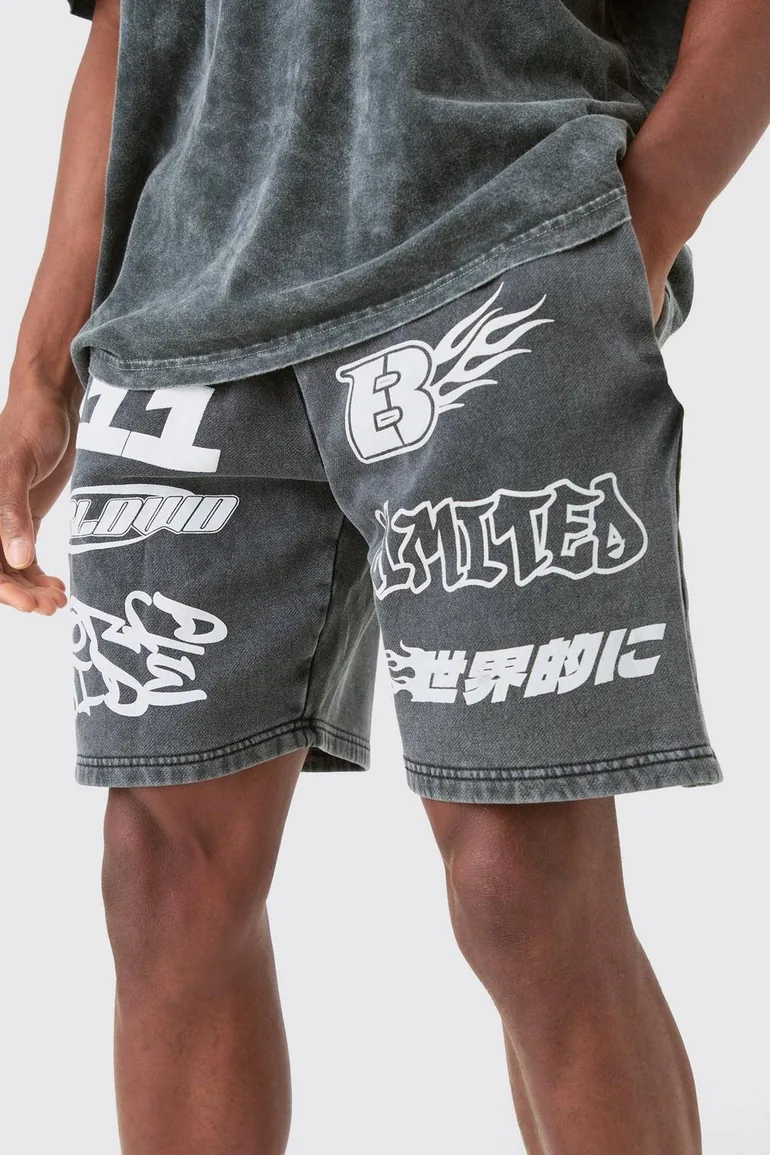 Relaxed Moto Puff Print Washed Shorts - black - 2