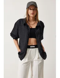 Women's Black Striped Pocket Viscose Shirt - 2