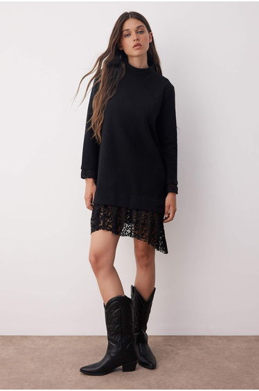 Black Stand Collar Shift/Straight Cut Long Sleeve Lace Garter Detailed Mini Knit Dress