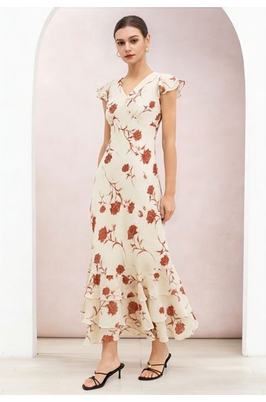 Rust Rose Tiered Ruffle Tie-Back Chiffon Maxi Dress for Garden Weddings & Vacation Dinner