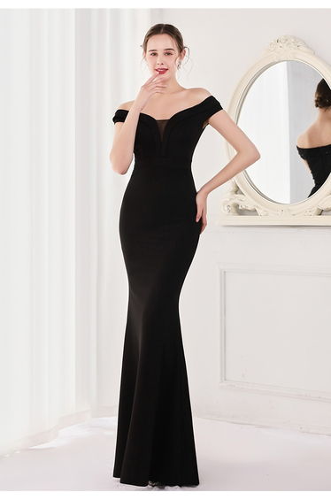 Off-Shoulder Mesh Inserted Satin Gown in Black
