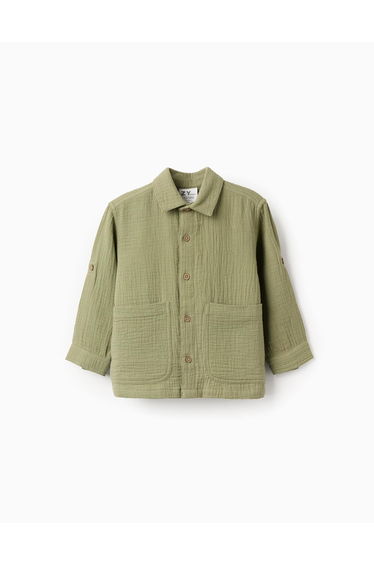Long sleeve cotton bambula shirt with pockets for baby boys, dark green