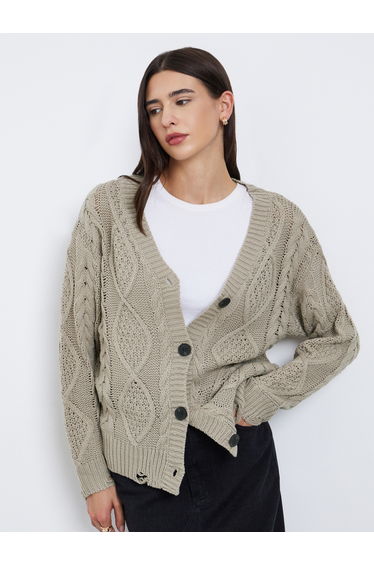 Beige Cable Knit Ripped Detail Cardigan