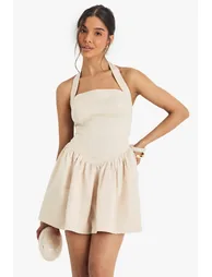 Satin Halterneck Drop Waist Volume Mini Dress - champagne