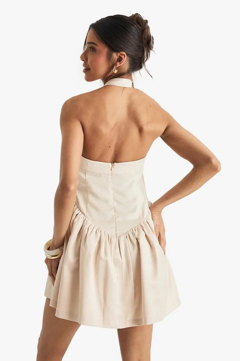 Satin Halterneck Drop Waist Volume Mini Dress - champagne - 1