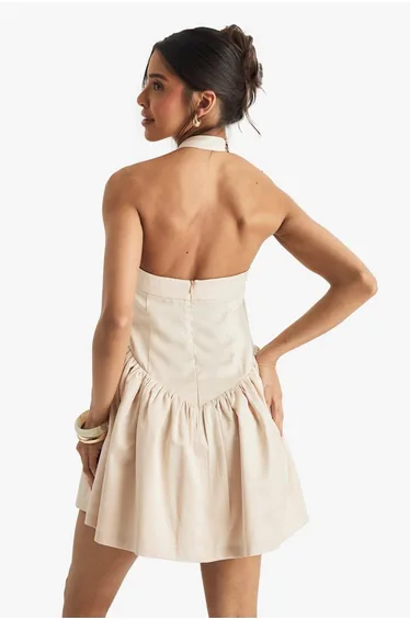 فستان قصير ساتان منفوخ بخصر منسدل بياقة هالتر - ذهبي
