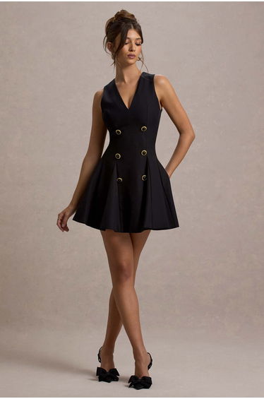 Collette | Black Tailored Plunge-Neck Mini Dress