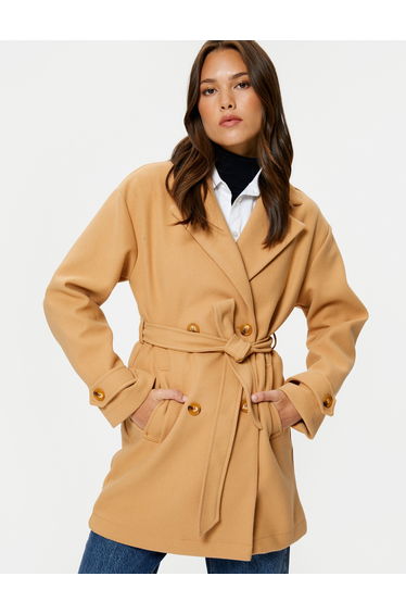 Pocket Detail Buttoned Belted Double Breasted Coat