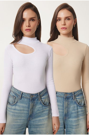 Women's Cream White 2-Pack Cut Out Detail Ribbed Knitted Blouse