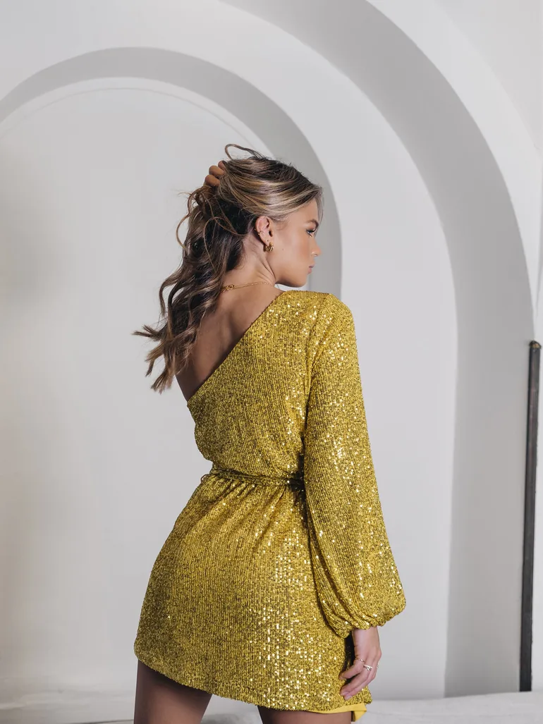Shop Glamorous Gold Sequin One Sleeve Mini Dress Online in Qatar