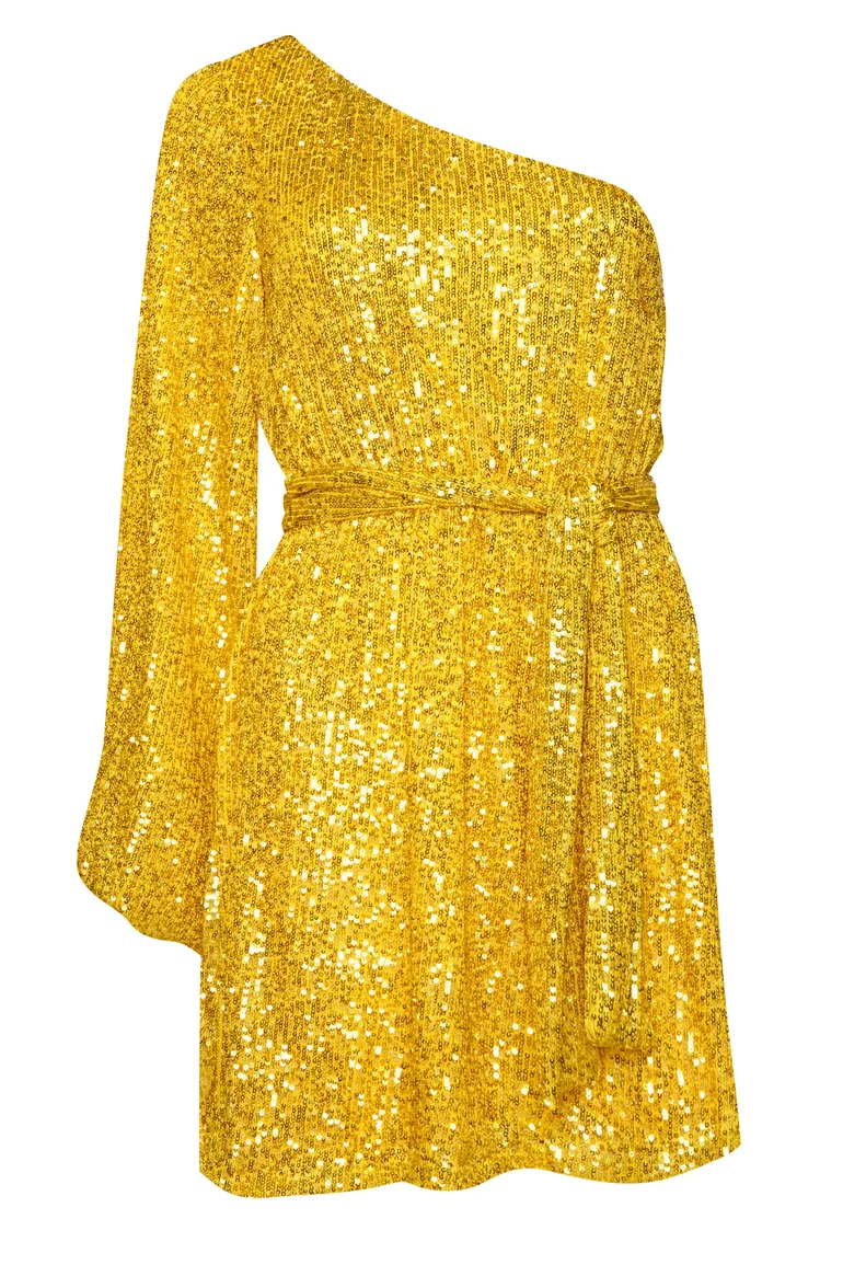 Shop Glamorous Gold Sequin One Sleeve Mini Dress Online in Qatar