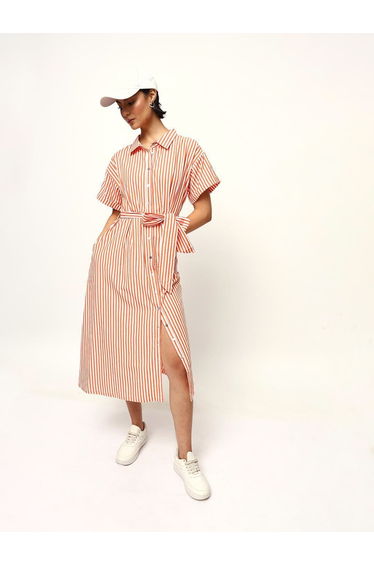 Orange Striped Midi Dress with Tie-Belt