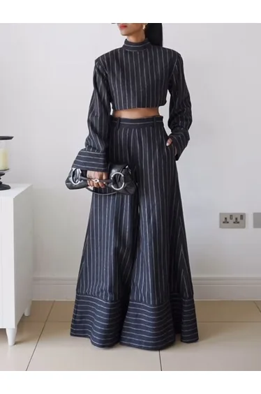 Long Sleeves Split-Joint Striped High Neck Blouses&Shirts Tops