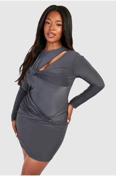 Plus Knot Detail Long Sleeve Slinky Mini Dress - charcoal