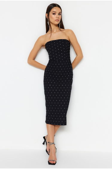 Black Strapless Bodycon Midi Dress