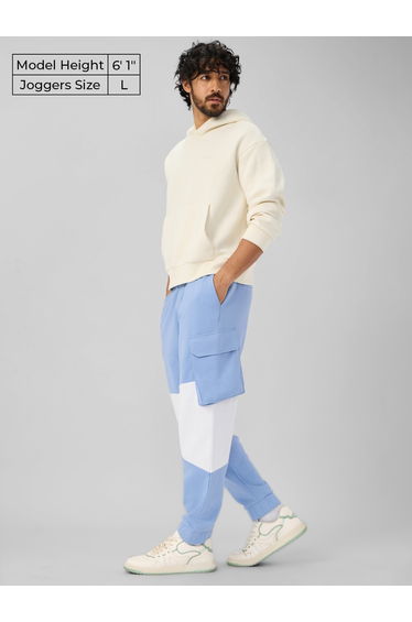 Men Blue Color Block Utility Cargo Joggers