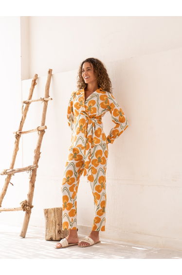 Floral Print Notch Label Neck Cotton Shirt with Trousers Co-Ords