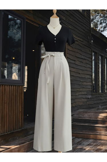 Beige Wide Leg Trousers with Tie Waist