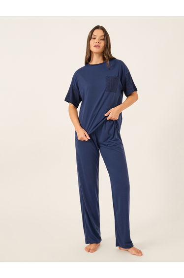 Schiffli Sleeve Round Neck T-Shirt and Pyjama Set