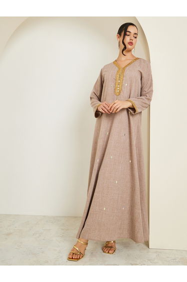 Women Beige Linen Jalabiya with Gold Embroidery