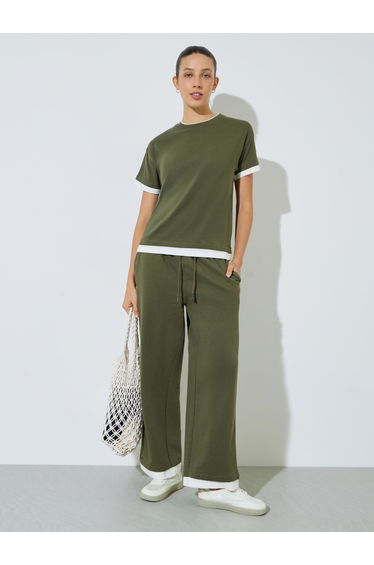 Olive Contrast Trim Short Sleeves T-Shirt and Joggers Co-Ord Set