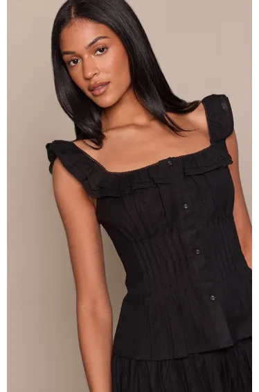 Tall Black Cotton Square Frill Neck Pleated Top