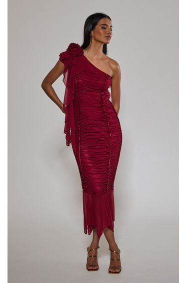 Wine One Shoulder Corsage Dress