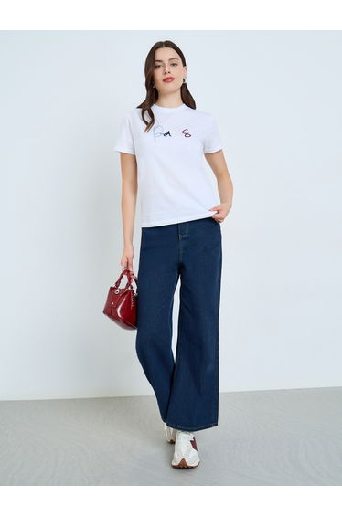 White Embroidered Regular Fit 100% Cotton T-Shirt