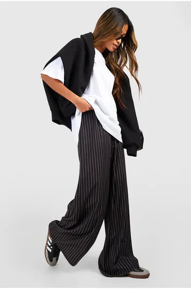 Stripe Wide Leg Floaty Trousers - black