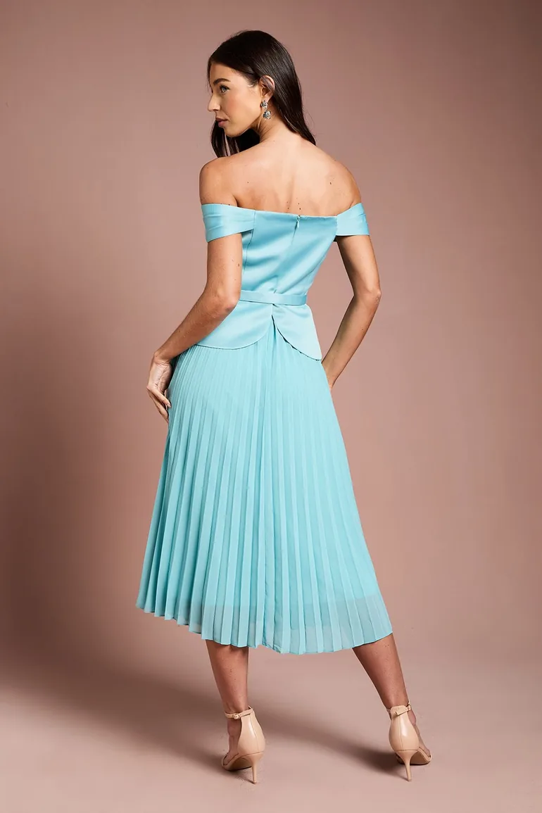 Satin Bardot Top Pleat Skirt Midi Dress - 2
