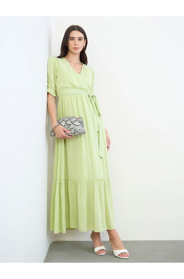 Green Wrap Front A-Line Maxi Dress