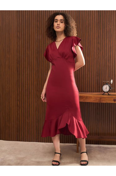Women Maroon Satin Frill Midi Dress