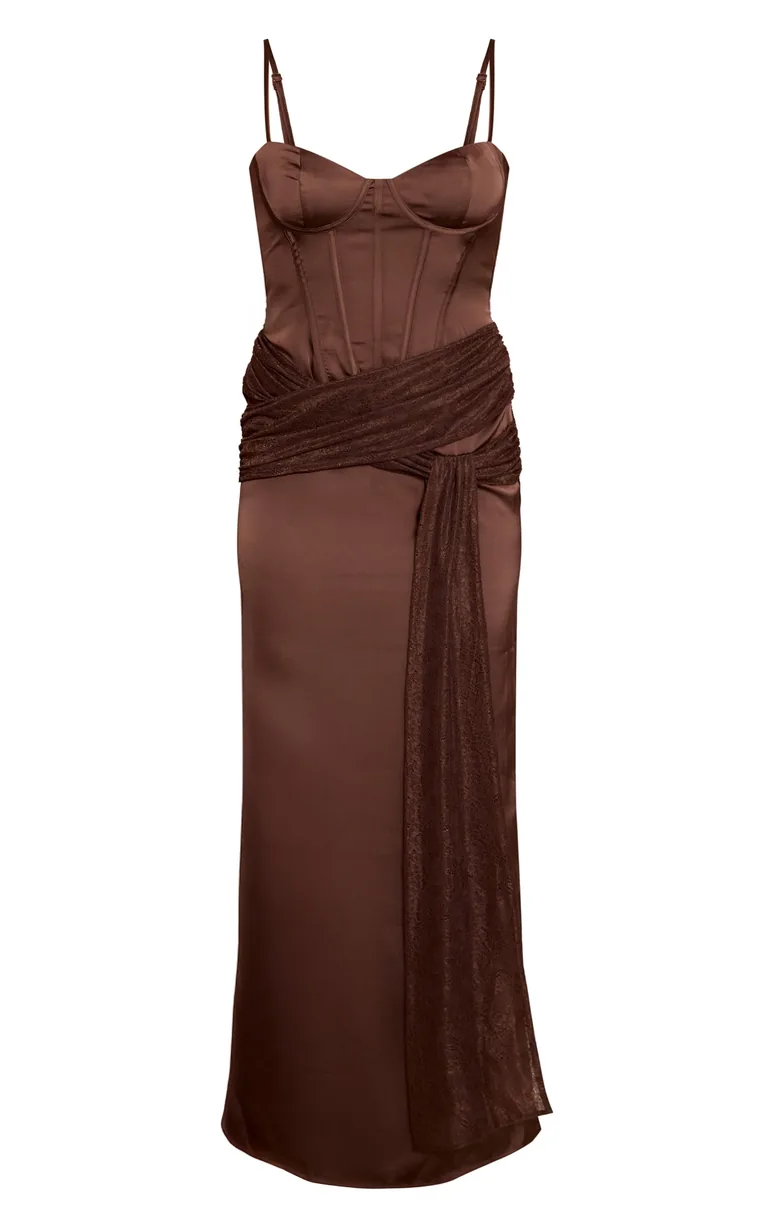 Chocolate Satin Corset Lace Wrap Detail Maxi Dress Prettylittlething Brown  : Evening Dresses : VogaCloset Iraq