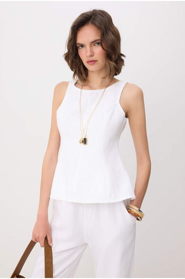 White Strap Peplum 100% Cotton Denim Blouse