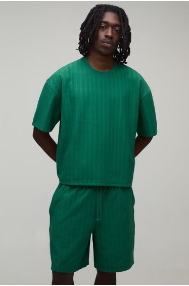 Oversized Shrunken Jacquard Stripe T-Shirt & Baggy Shorts Set - green