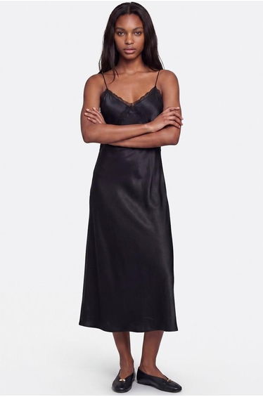 Satin Lace Detail Shoestring Strap Maxi Dress
