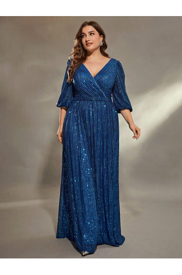 Leely Plus Women's Elegant V Neck Bishop Sleeve Sequin A-Line Dress