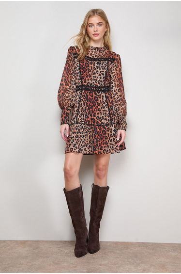 Printed Lace Trim Long Sleeve Flippy Mini Dress