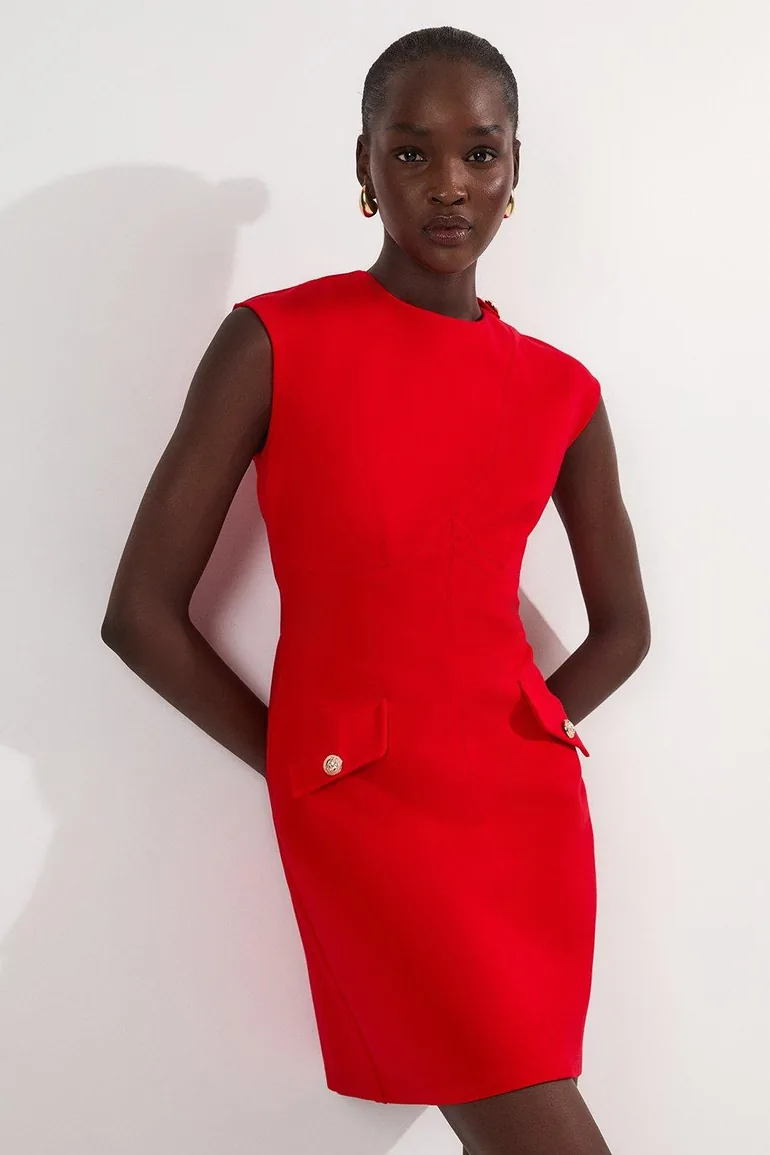 Ponte Structured Mini Dress With Gold Button Detail Karen Millen : Premium Dresses : VogaCloset Oman Ponte Structured Mini Dress With Gold Button Detail Karen Millen : Premium Dresses : VogaCloset Oman