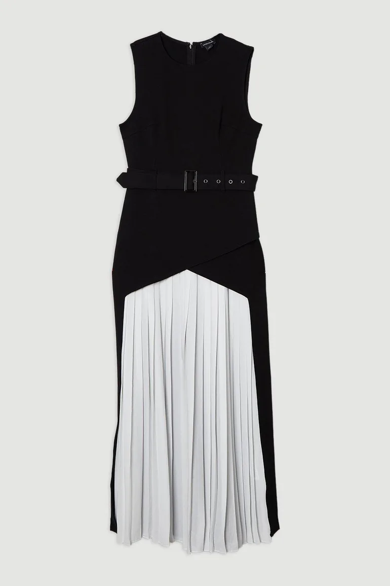 ponte and georgette jersey pleated maxi dress Blue KarenMillen Forever Ponte And Georgette Jersey Pleated Maxi Dress