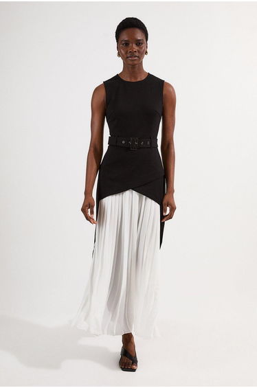 Ponte And Georgette Jersey Pleated Maxi Dress