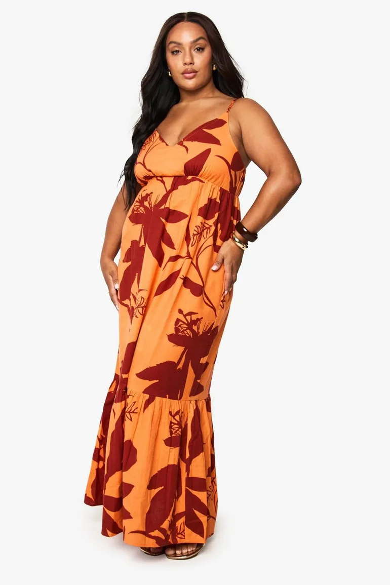 orange maxi dress boohoo Orange PrettyLittleThing Print Cowl Sleeveless Maxi Dress