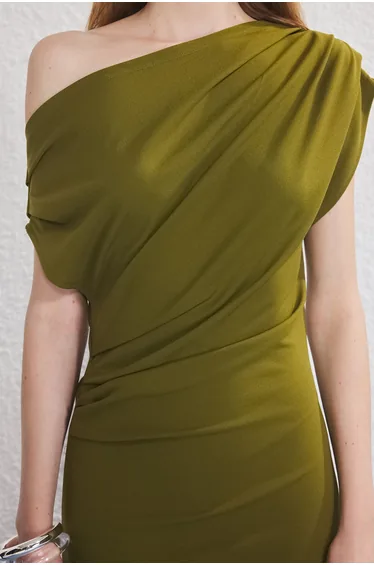 Oil Green Midi Gathered/Draped Detailed Knit Dress